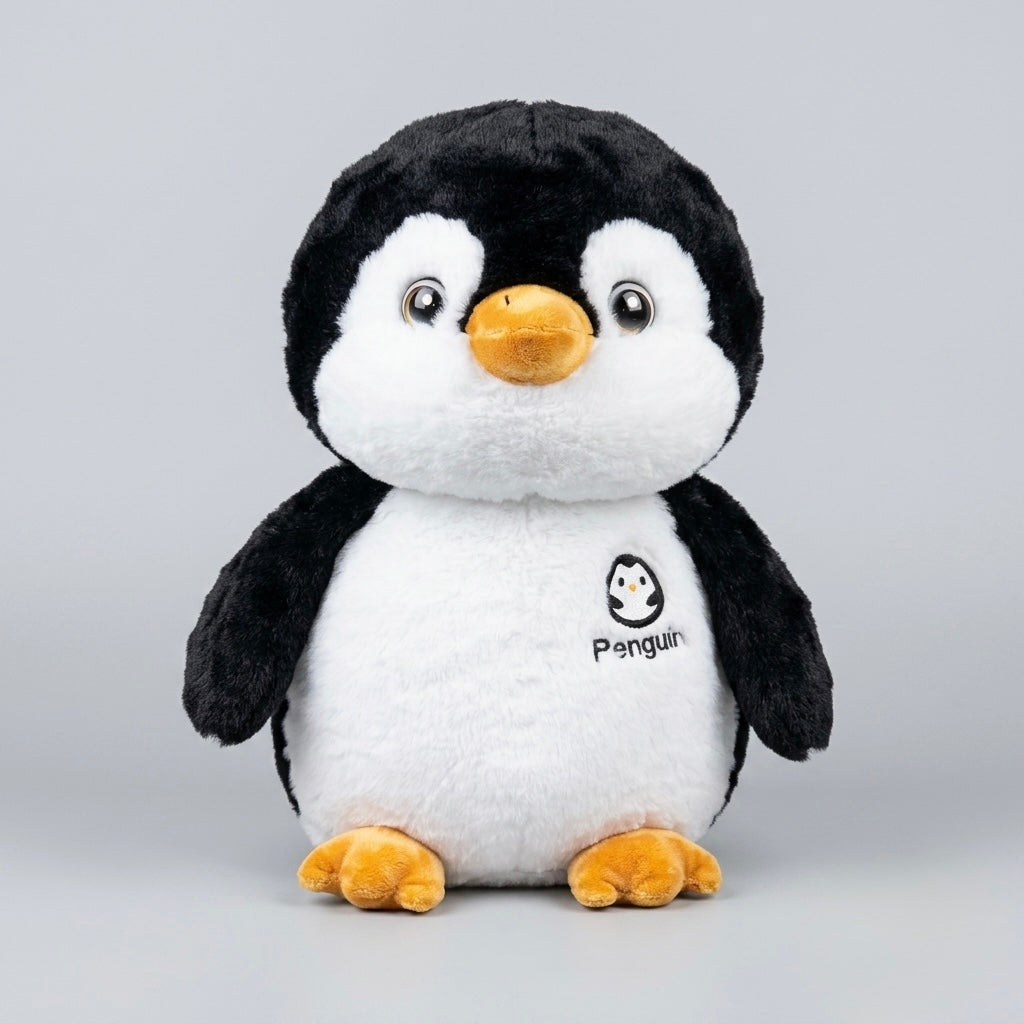 A plush penguin toy with black and white fur, a yellow-orange beak, and yellow-orange feet. The word 'Penguin' and a small penguin logo are printed on the white chest.