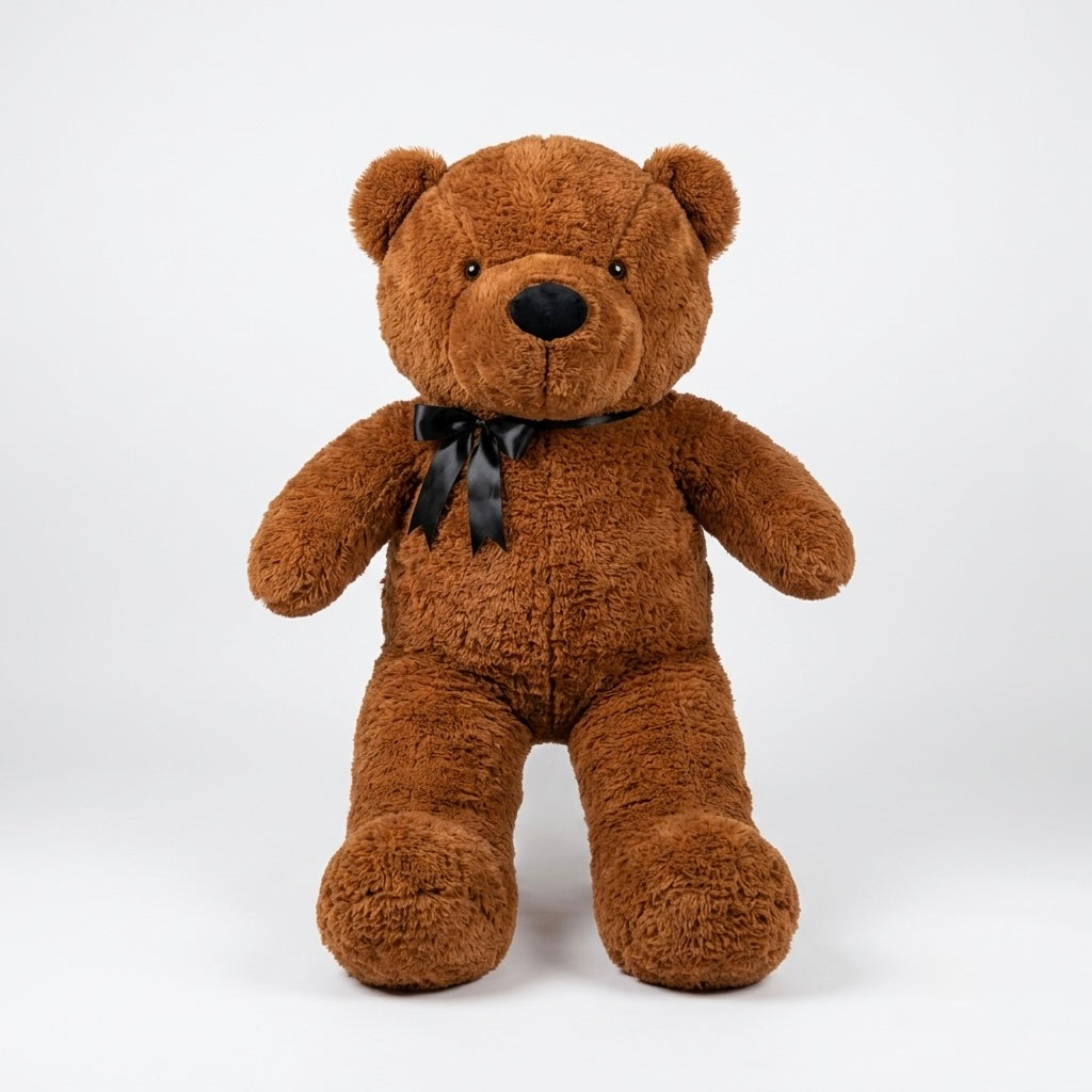 A brown plush teddy bear sitting upright against a light gray studio background, with a black satin bow tied around its neck.