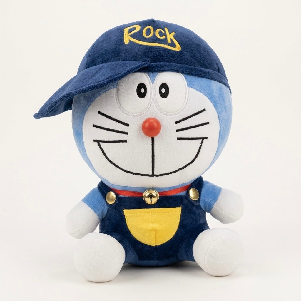 A plush toy of Doraemon wearing a blue cap with 'Rock' embroidered in yellow and blue overalls with a yellow pocket, on a white background.
