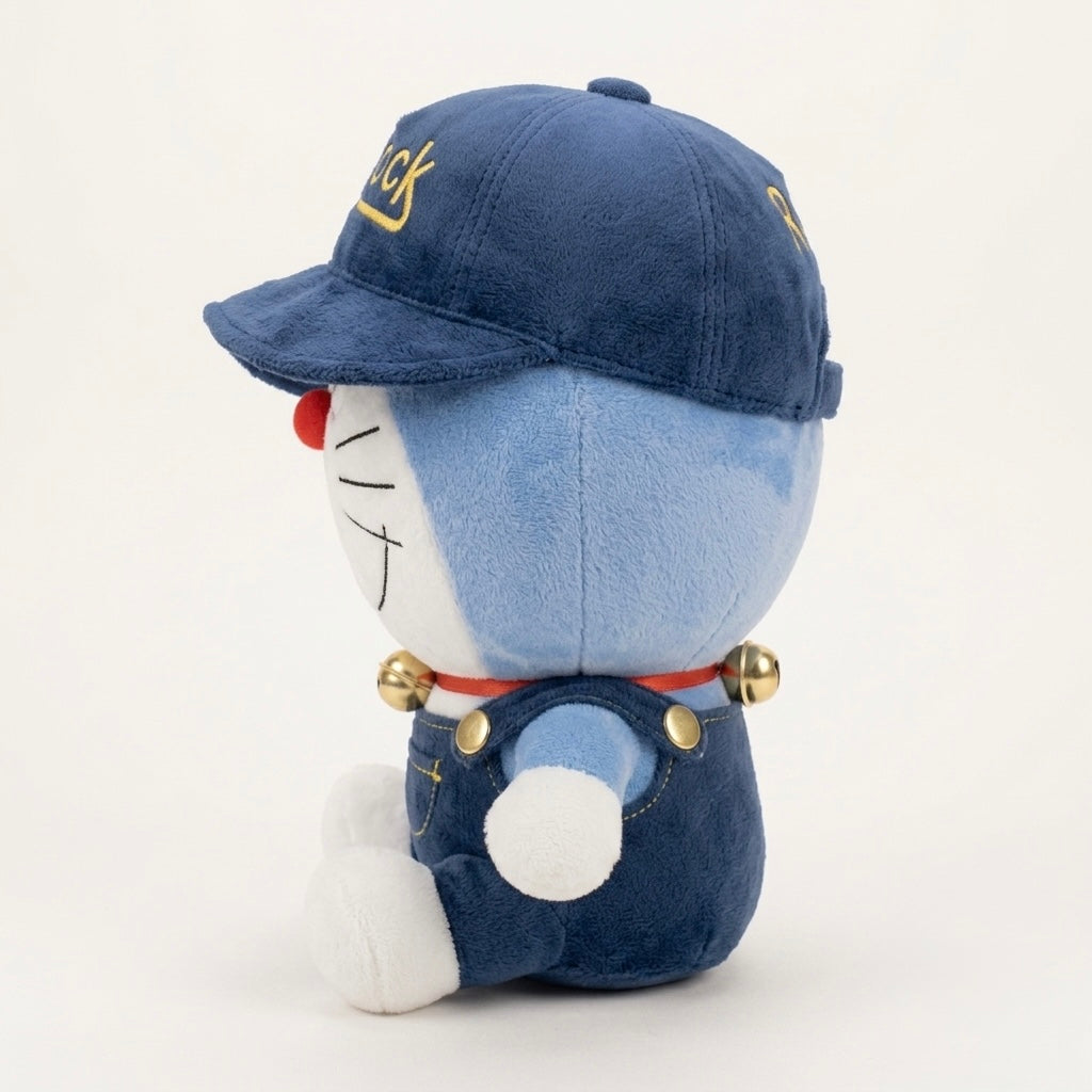 A plush toy of Doraemon shown from the back, wearing a navy blue cap and overalls with gold accents, set against a plain white background.