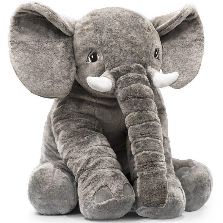 Gray plush elephant toy on a white background