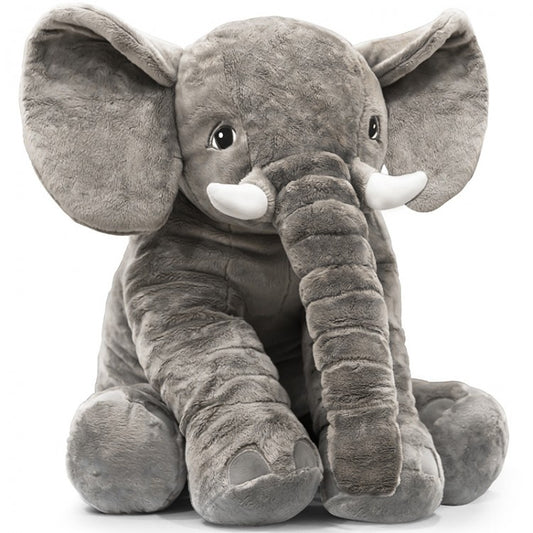 Gray plush elephant toy on a white background