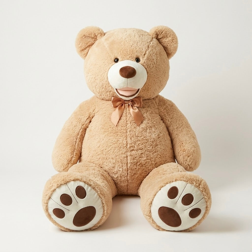Giant 5ft tan teddy bear sitting upright on white background wearing brown ribbon bow tie