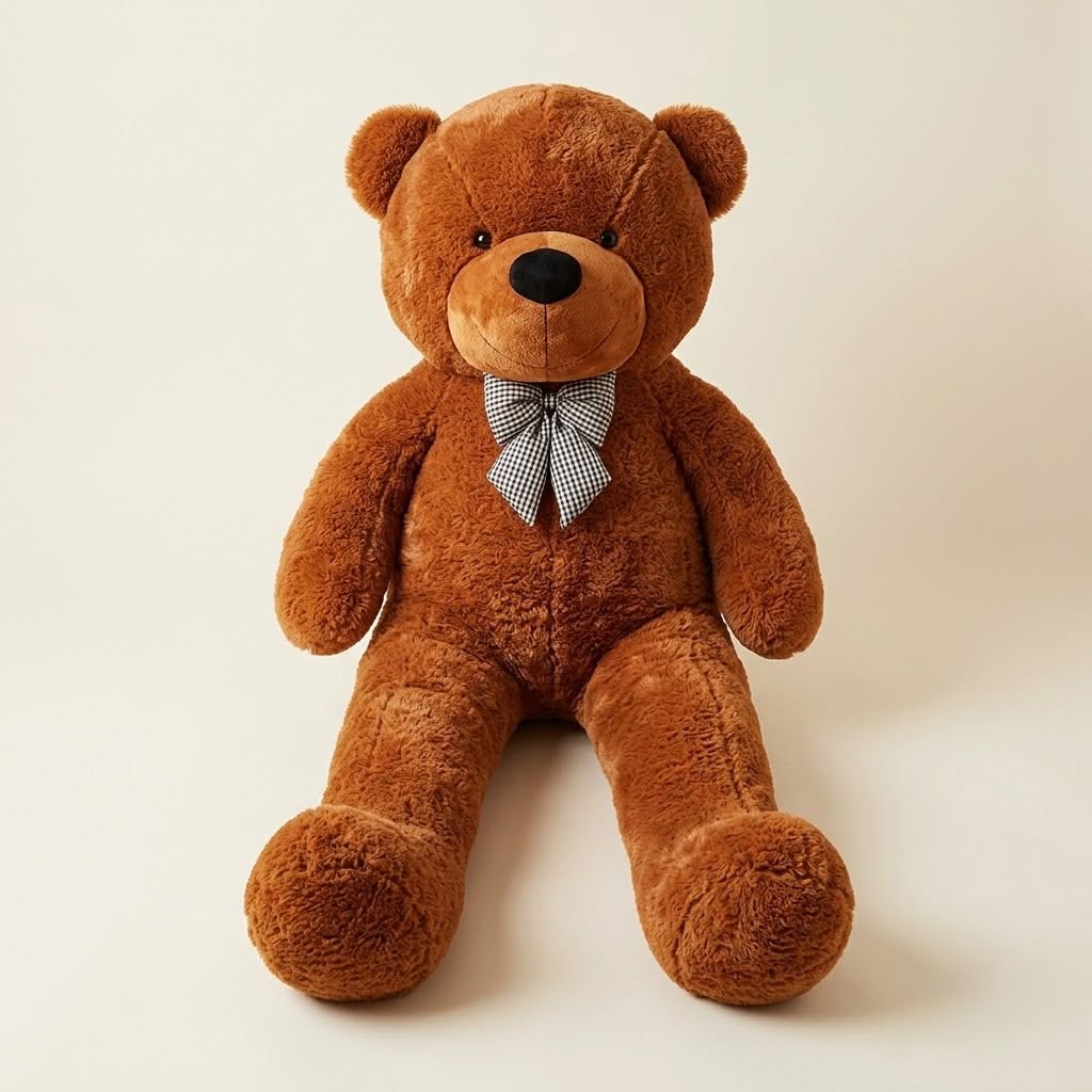 Giant 7 feet dark brown teddy bear sitting on neutral studio background with black checkered bow tie