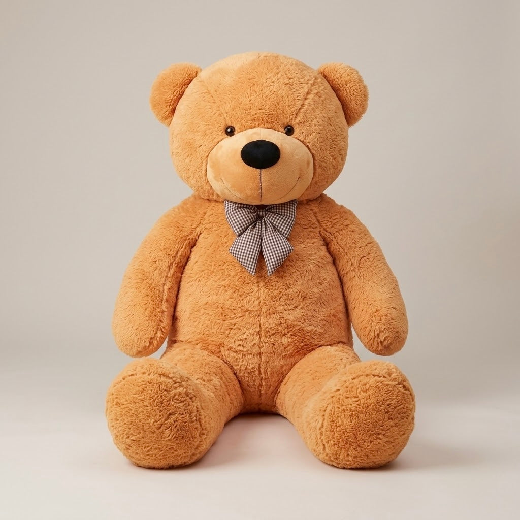 A large plush teddy bear in a warm tan-brown color, sitting upright against a neutral light gray studio background. The bear has a black nose, small black embroidered eyes, and a small gray-and-white checkered bow tie.