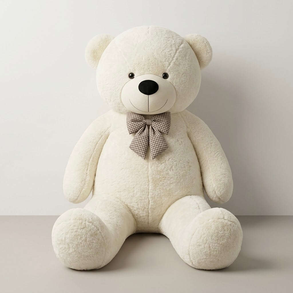 Giant 7 feet off white teddy bear sitting on neutral studio background with brown checkered bow tie