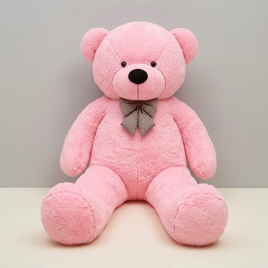A large pink plush teddy bear sitting on a light beige surface against a neutral gray background, wearing a small brown and white checkered bow tie.