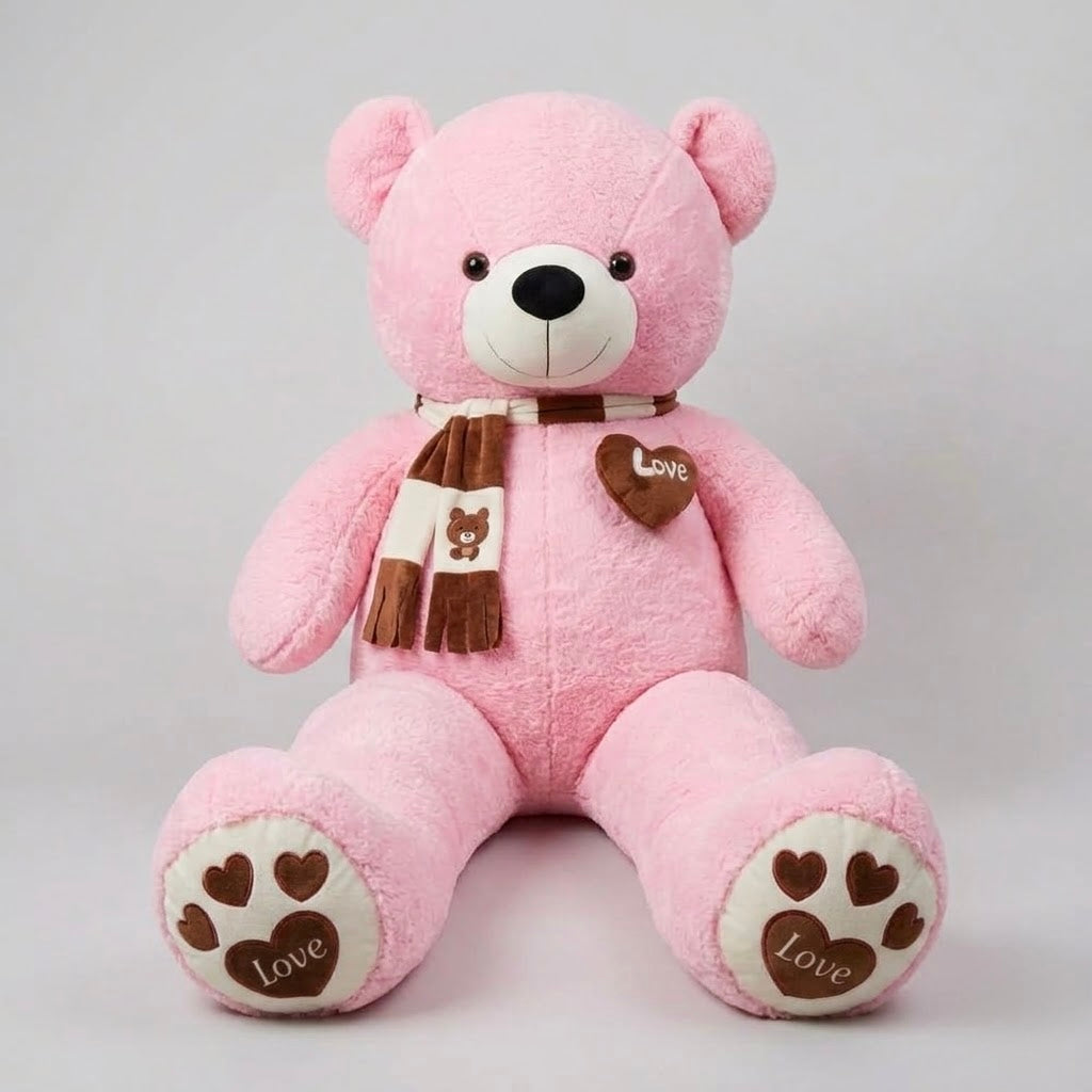A pink plush teddy bear sitting against a light gray background, wearing a brown and cream striped scarf with a small bear face and a brown heart-shaped patch that says 'Love'. Its paw prints on the feet are cream with brown hearts and the word 'Love'.