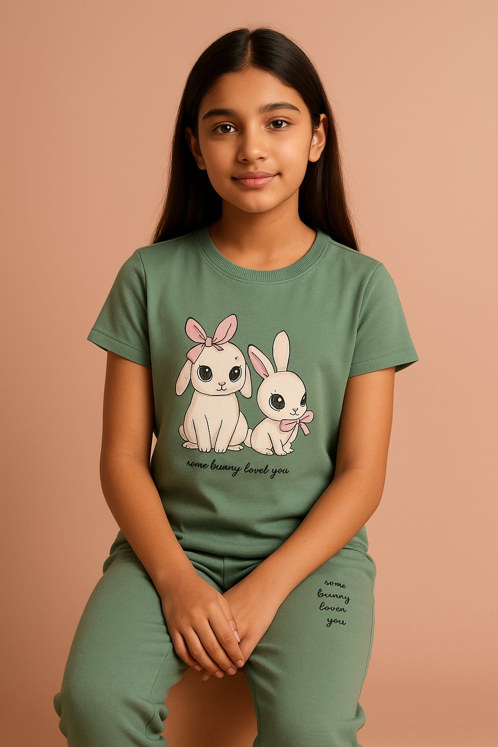 Girl wearing a green t-shirt with bunny designs on a beige background