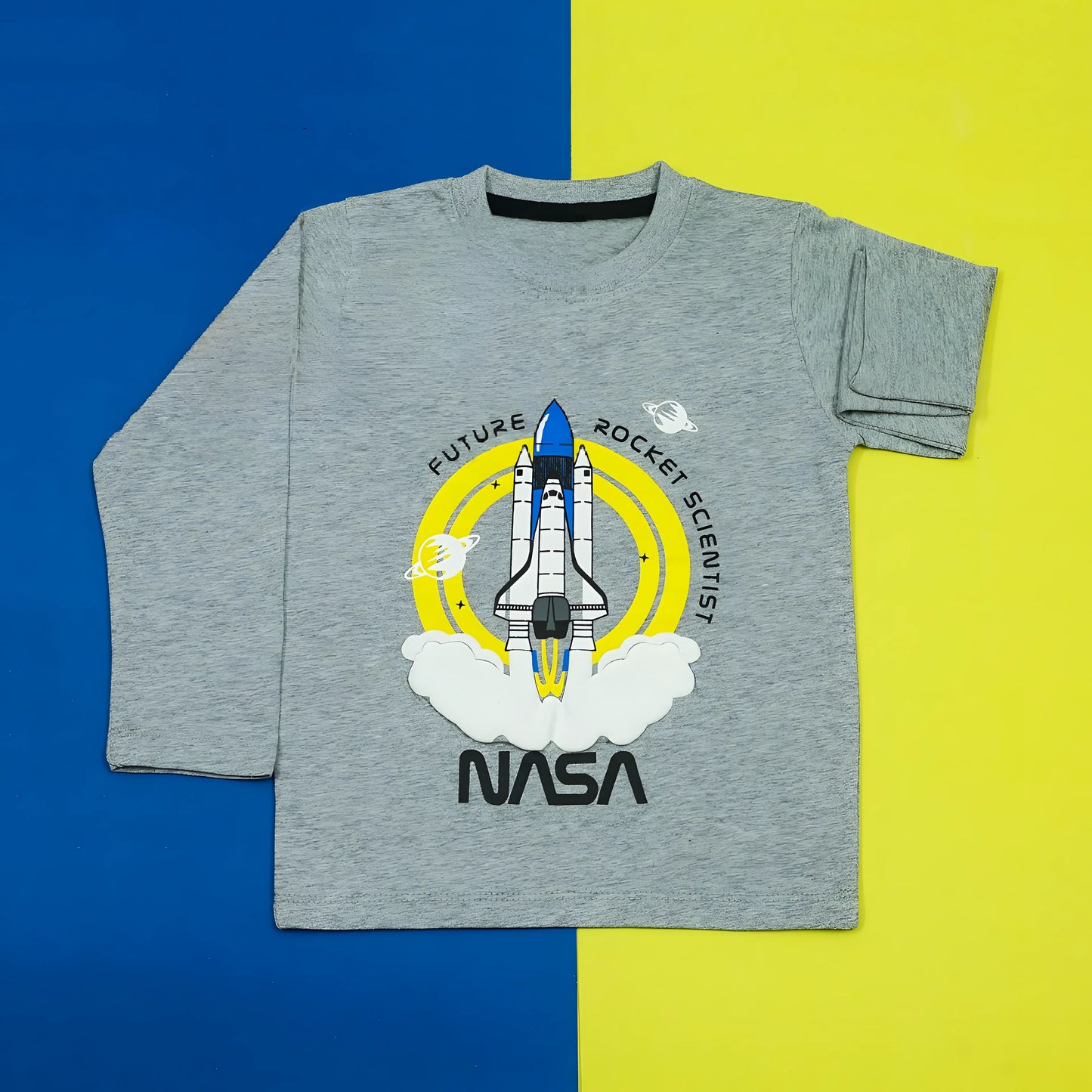Gray long-sleeve shirt with NASA space-themed design on a blue and yellow background