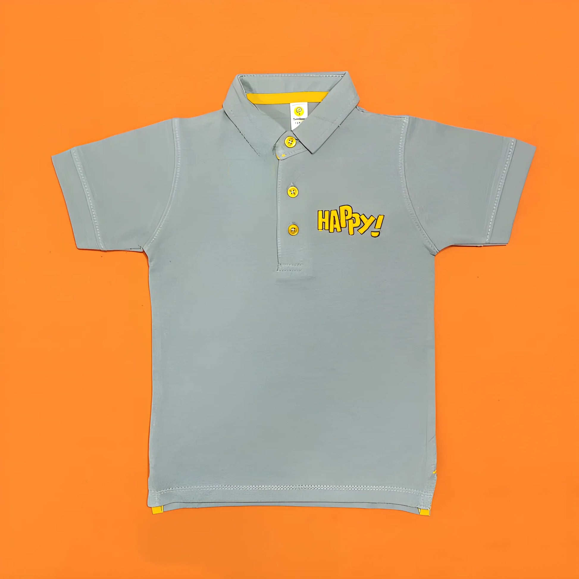 Gray polo shirt with 'Happy!' text on an orange background
