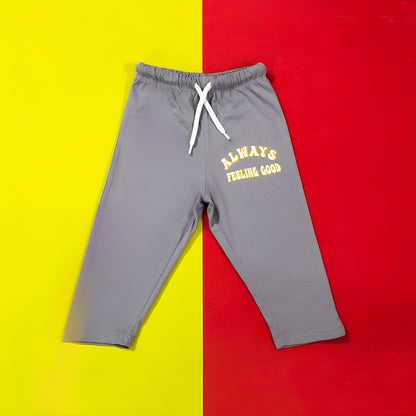 Gray sweatpants with 'Always Feeling Good' text on a yellow and red background