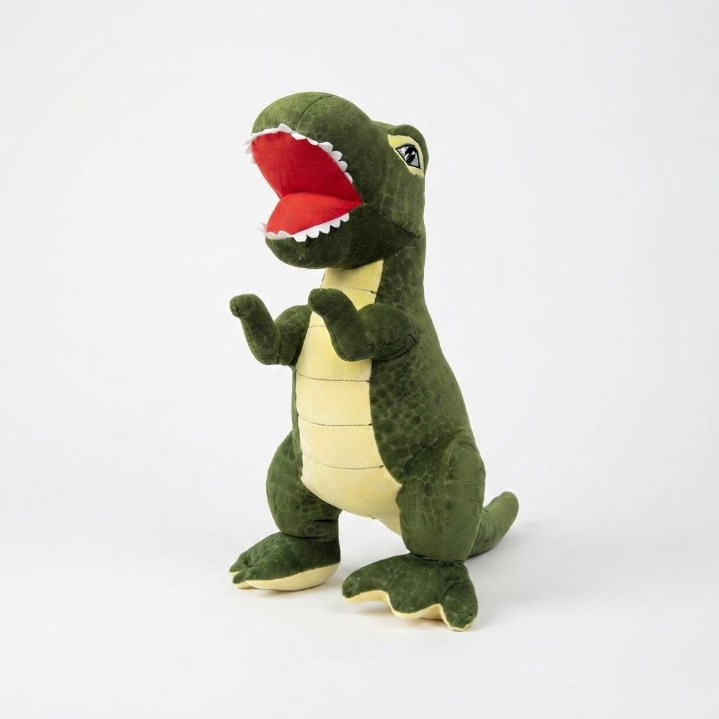 A green plush dinosaur toy with an open red mouth, white teeth, and a cream-colored belly and feet, standing against a plain white background.