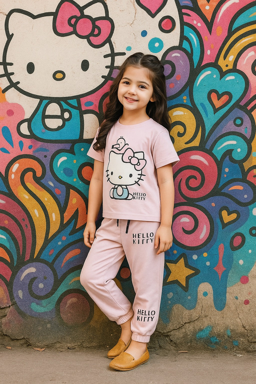 Child wearing Hello Kitty-themed clothing in front of a colorful mural.