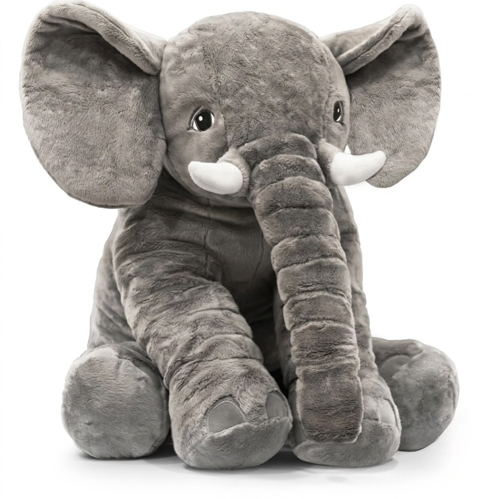 A plush gray elephant toy sitting down, featuring large floppy ears, white tusks, and a wrinkled trunk, photographed on a clean white background.