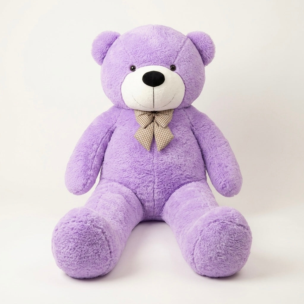 A large purple plush teddy bear sitting down, featuring a white snout, black nose, and a beige checkered bow tie, set against a plain light background.