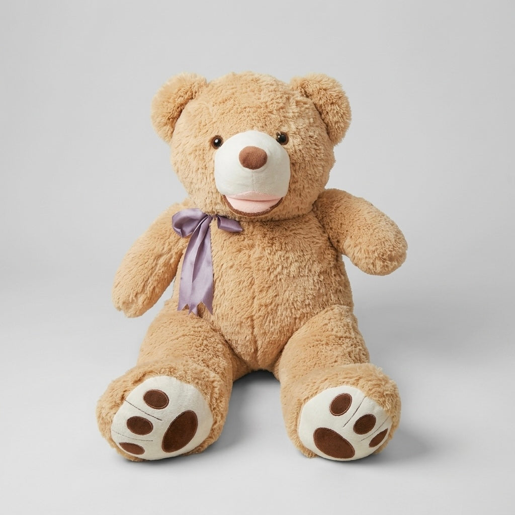 A plush teddy bear sitting against a light gray studio background. The bear is light brown with a cream-colored snout, paw pads, and ear areas, a purple satin bow around its neck, and dark brown paw prints on its feet.