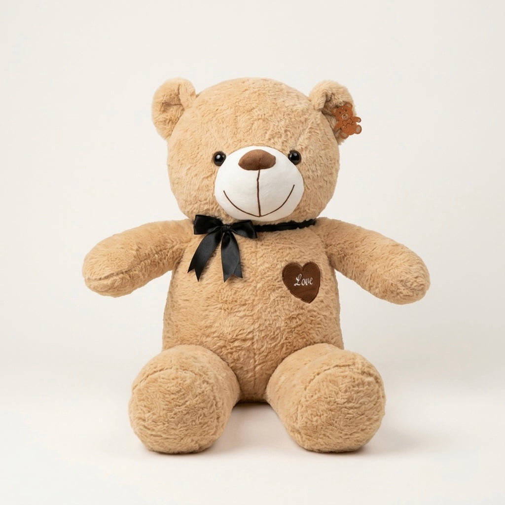 A plush teddy bear toy in light tan brown, sitting against a plain light background. It has a white snout and chest, black embroidered eyes and mouth, a black ribbon bow around its neck, and a small brown heart patch on its chest that reads 'Love'.