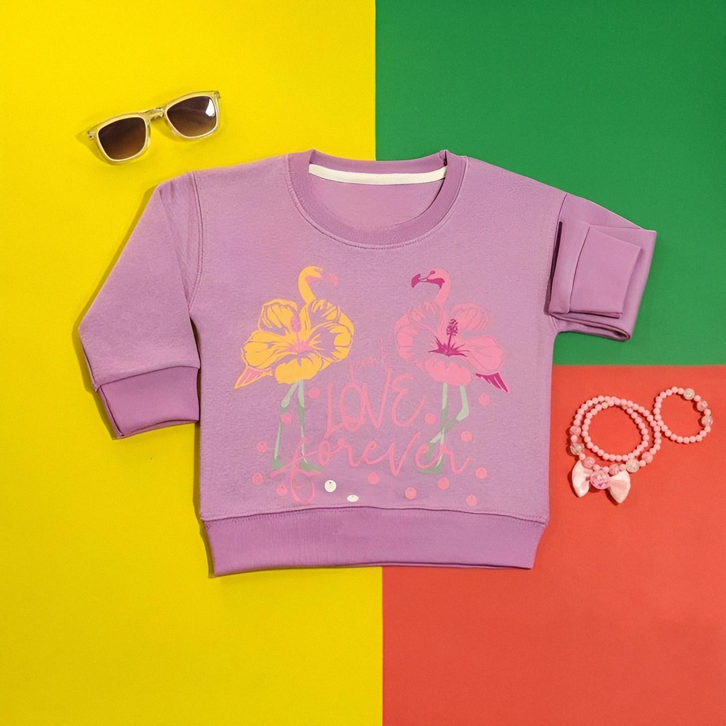 Purple sweatshirt with flamingo design on a colorful background