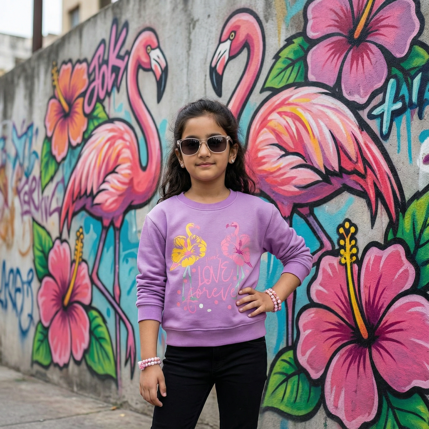 Girl wearing a purple sweatshirt with flamingo design in front of a colorful mural.
