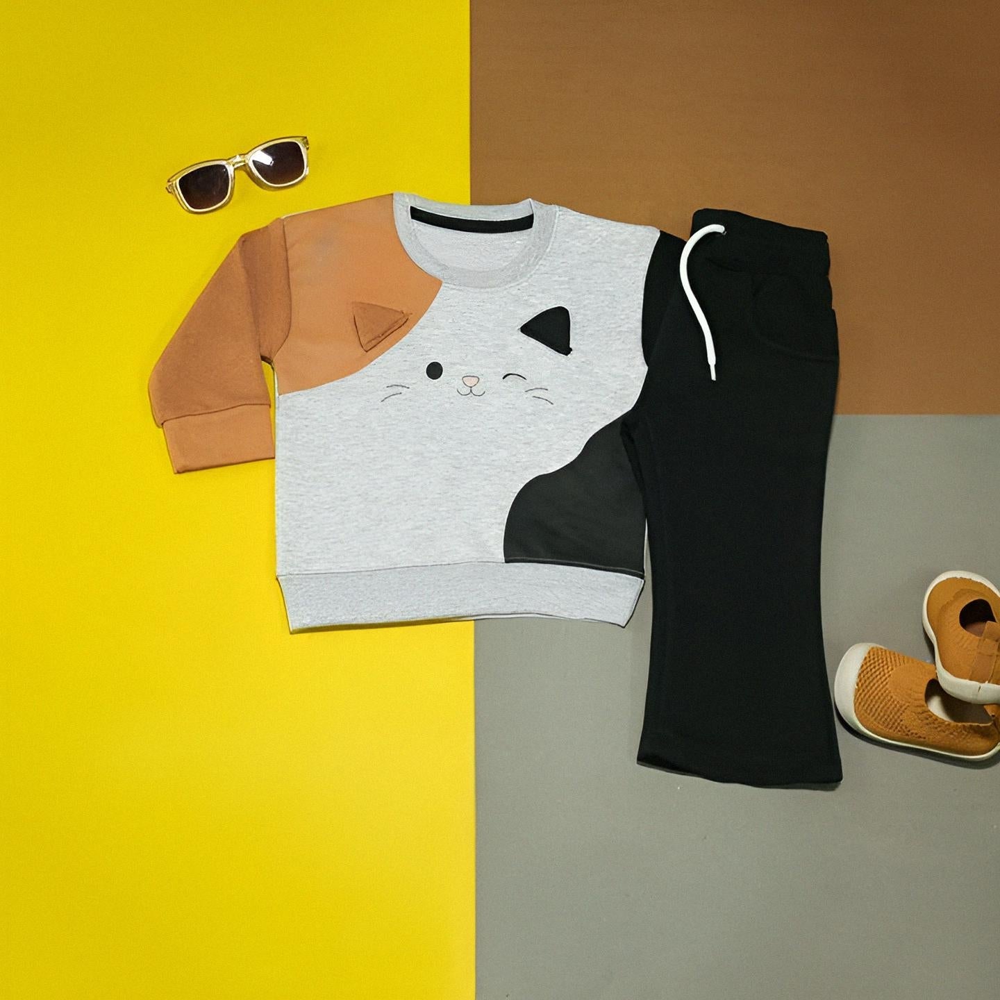 Cat-themed sweatshirt with brown and black sleeves on a yellow and gray background