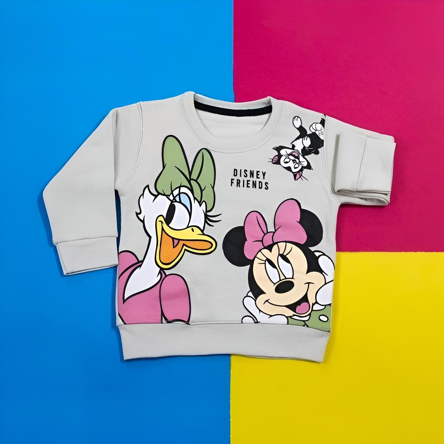 Gray sweatshirt with cartoon characters on a colorful background