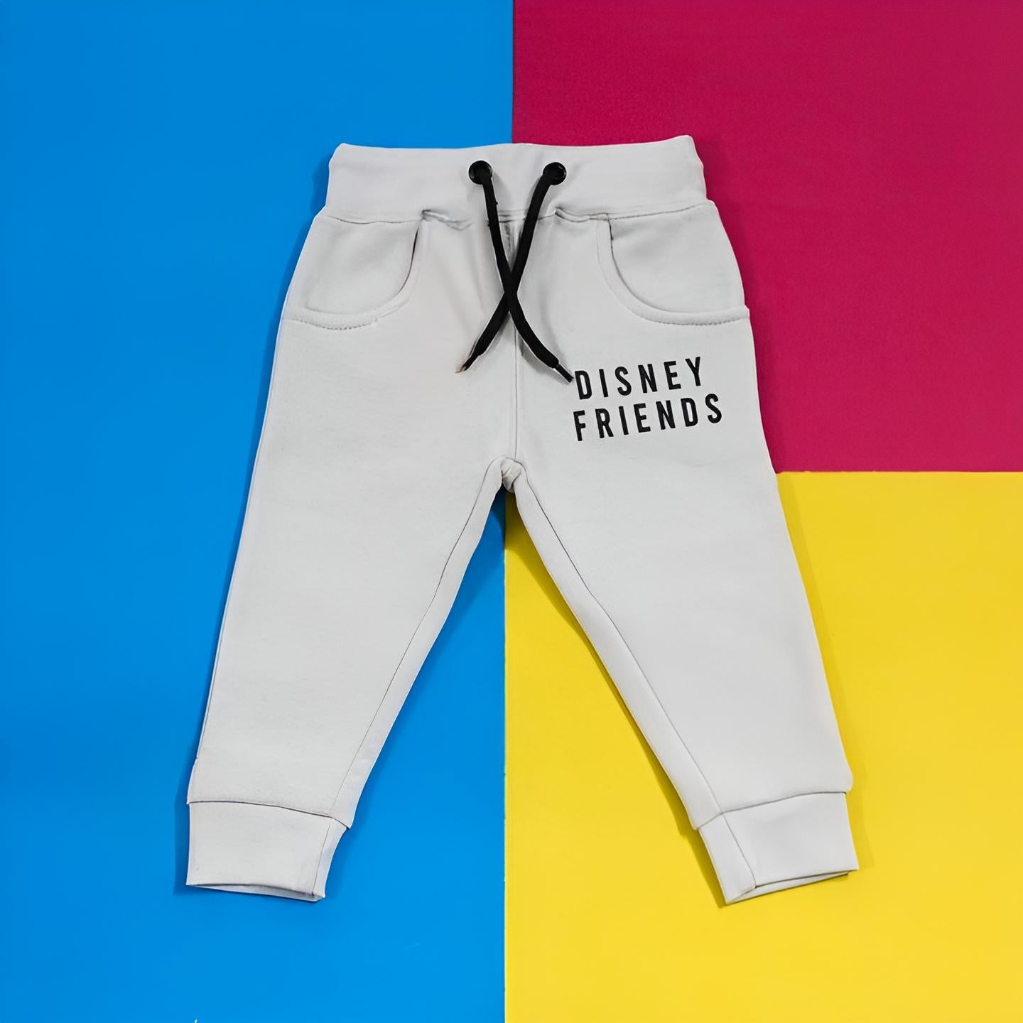 Gray sweatpants with 'Disney Friends' text on a colorful background