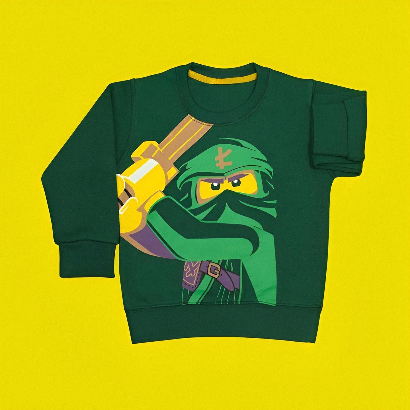 Green sweatshirt with a character design on a yellow background