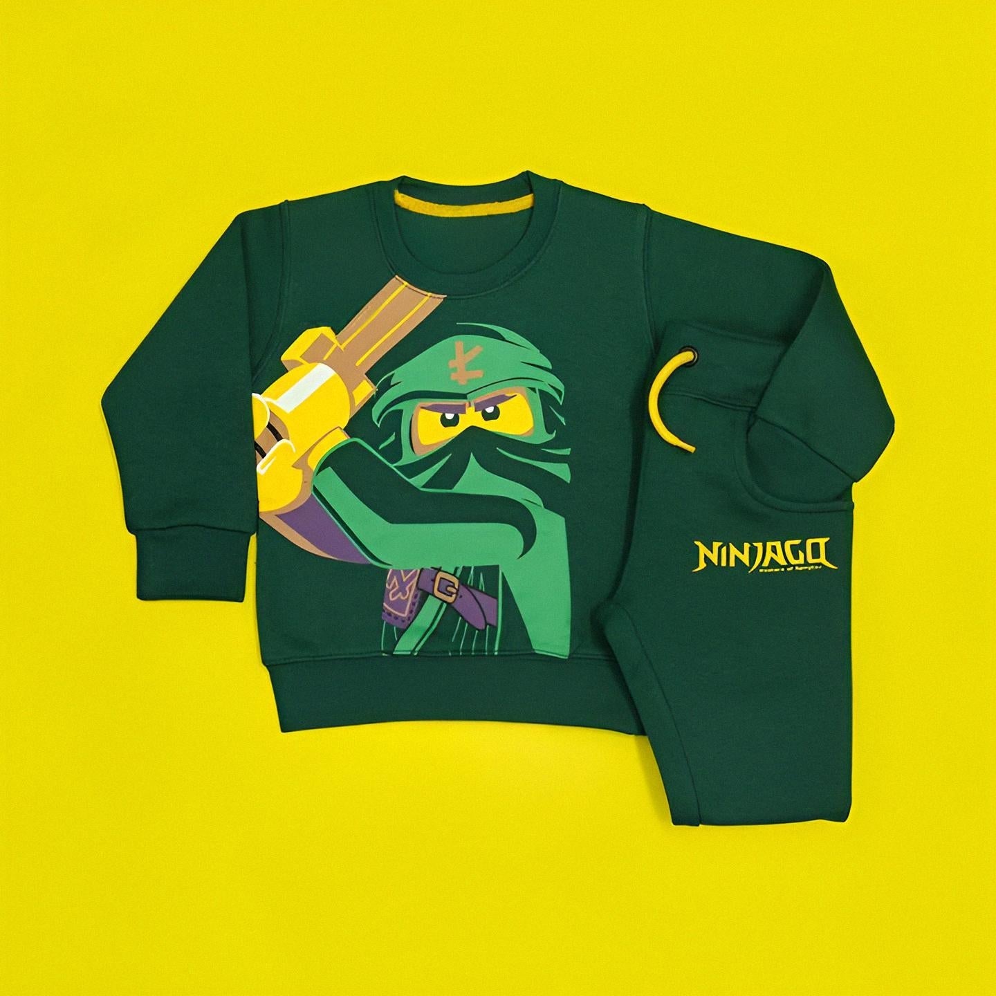 Green sweatshirt with Ninjago character design on a yellow background