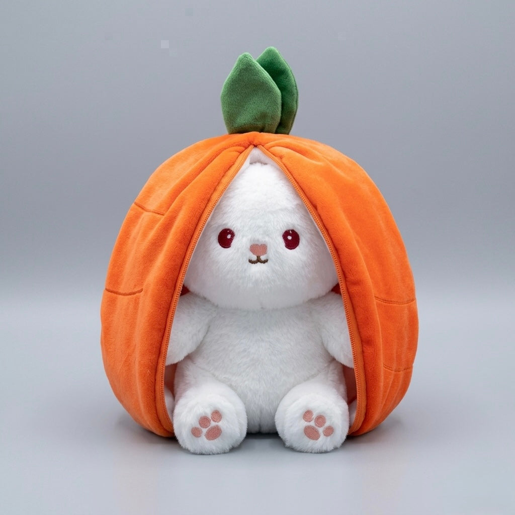 A white plush bunny toy peeking out from an orange pumpkin-shaped hood with green leaves on top, photographed against a plain light gray studio background.