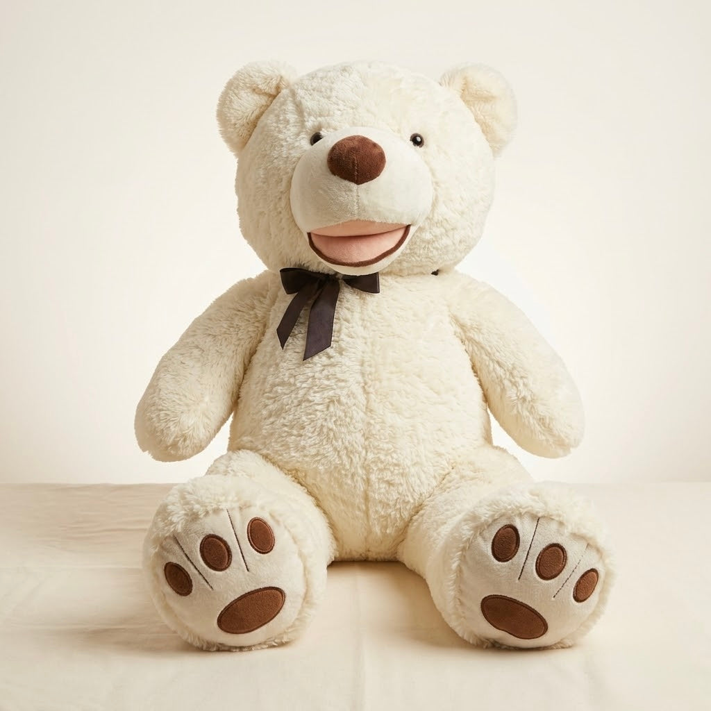 A large plush teddy bear sitting upright, made of soft cream-colored faux fur with a dark brown bow tie, brown nose, and brown paw pads, set against a warm beige background.