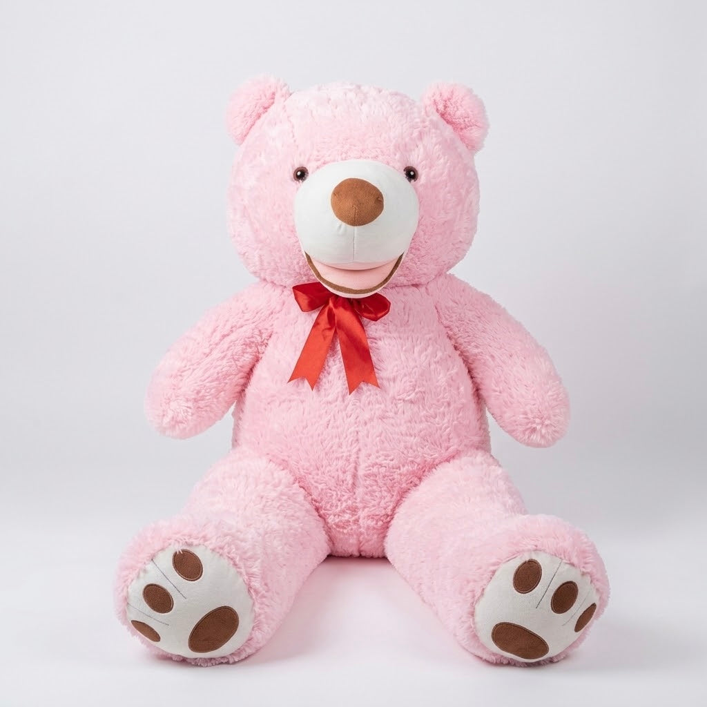 Oversized pink plush teddy bear sitting upright with red bow ribbon on clean background