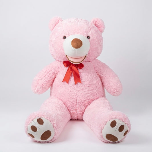 Oversized pink plush teddy bear sitting upright with red bow ribbon on clean background