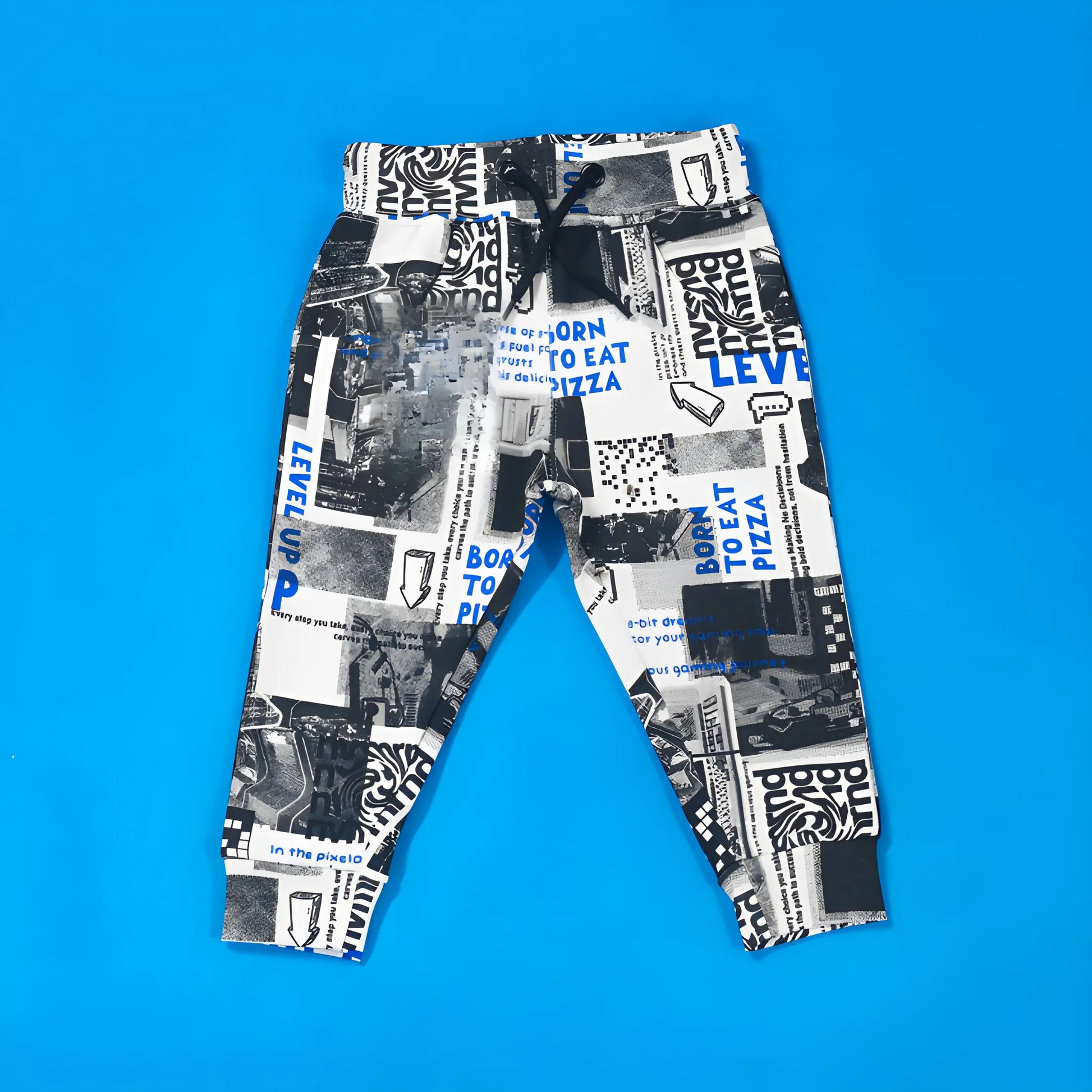 Patterned pants on a blue background