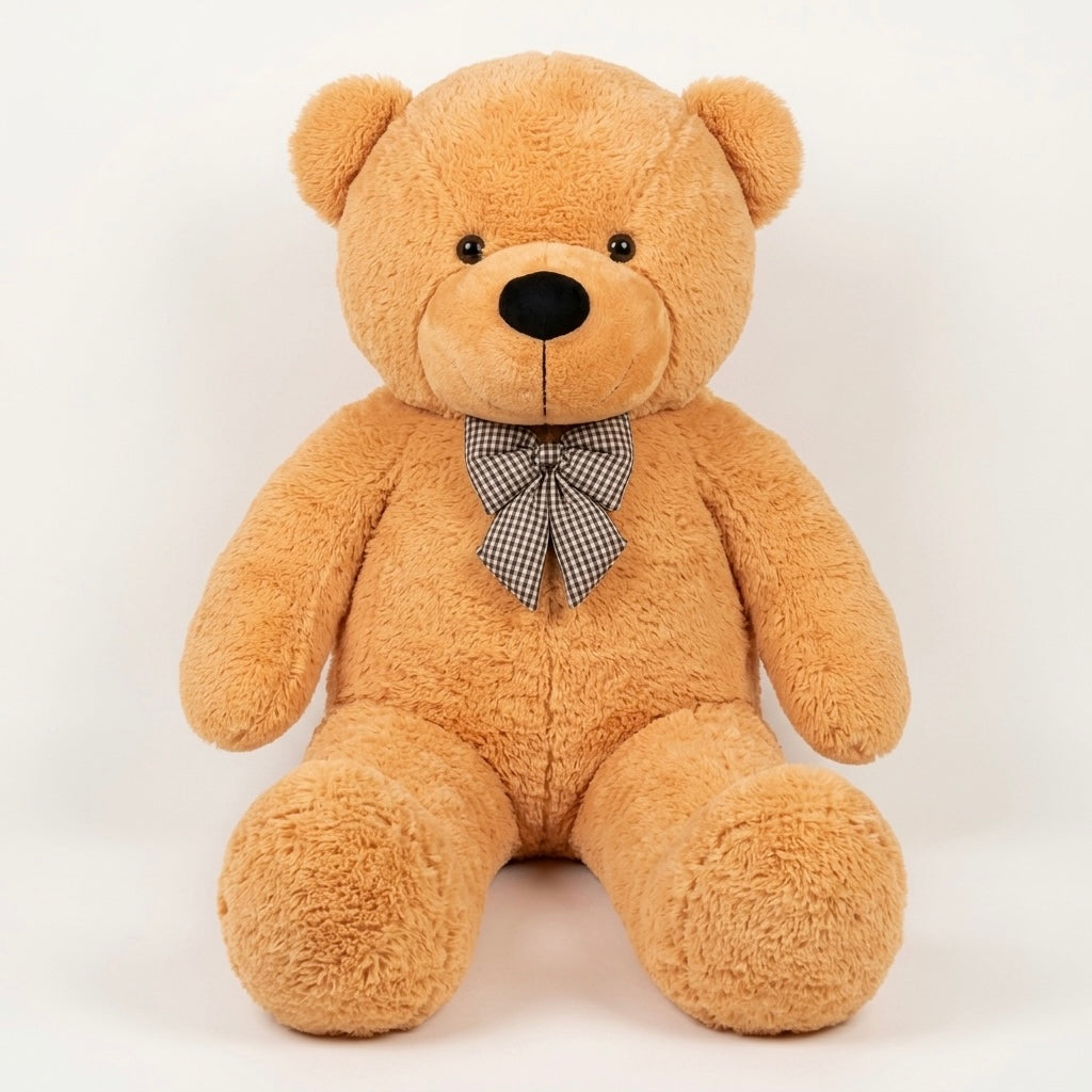 A plush teddy bear sitting upright against a plain white background. The bear is light brown with a small black nose and wears a gray and white checkered bow tie.