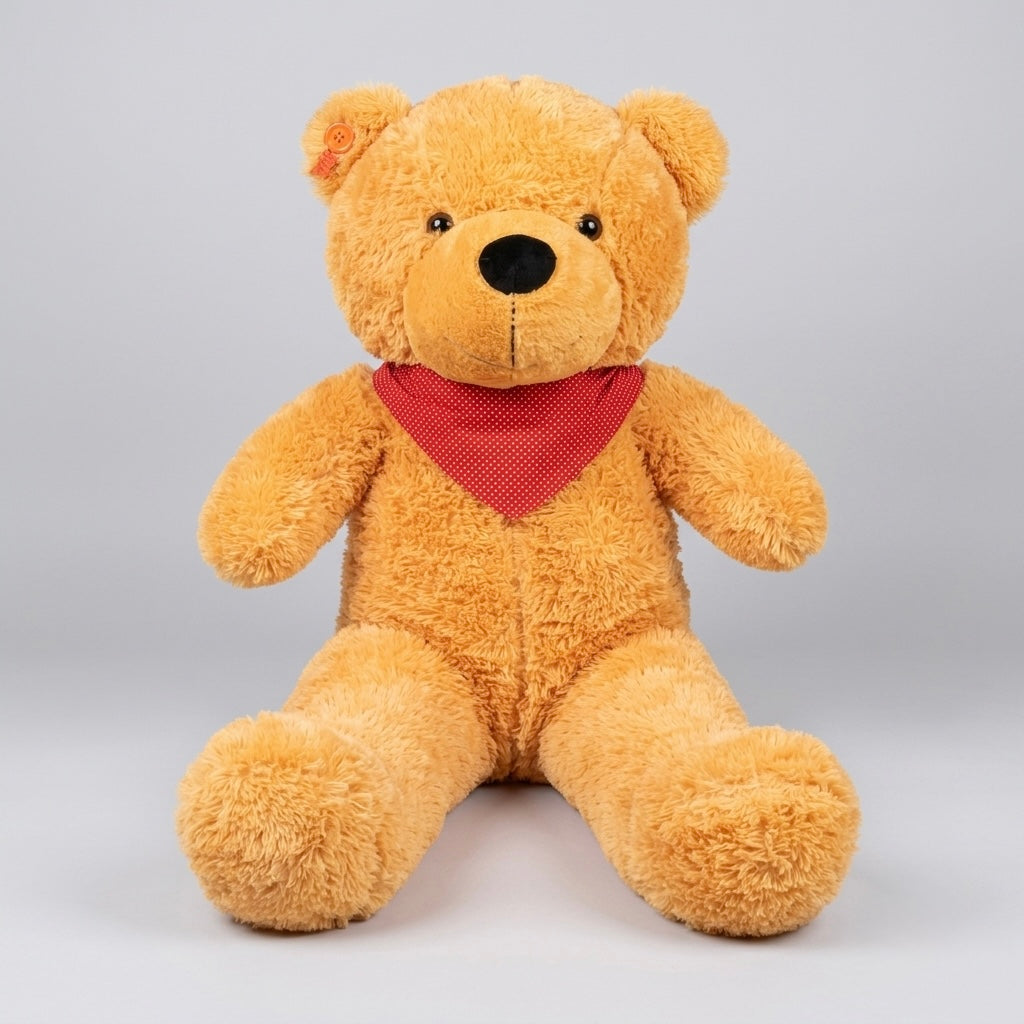 A golden-brown plush teddy bear sitting down, wearing a red bandana with embroidered eyes and a black nose, photographed against a neutral gray background.