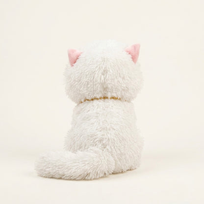 A white fluffy plush cat toy shown from the back, featuring pink inner ears and a thin gold collar, set against a plain cream background.