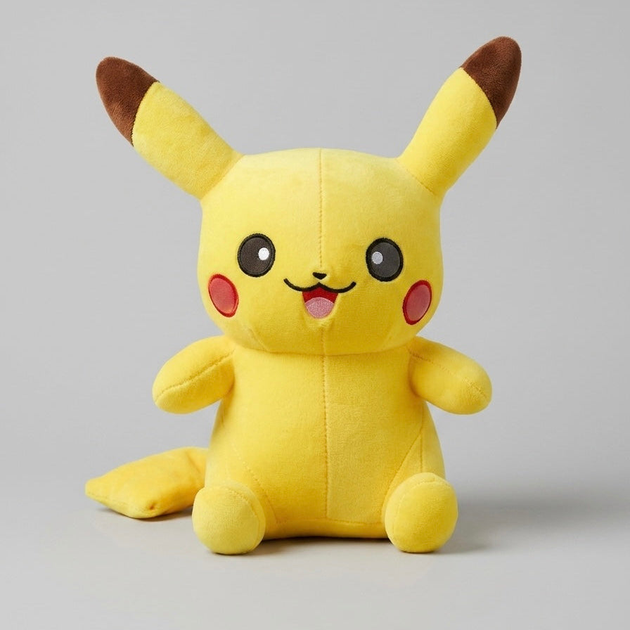 A yellow Pikachu plush toy with brown-tipped ears, pink cheek circles, and a black embroidered face, sitting against a plain light gray background.