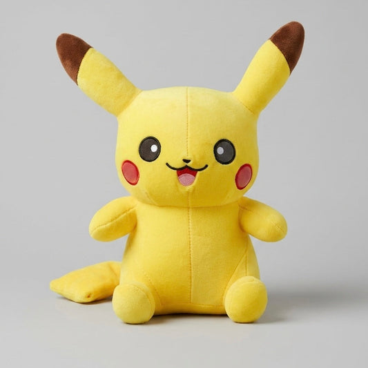 A yellow Pikachu plush toy with brown-tipped ears, pink cheek circles, and a black embroidered face, sitting against a plain light gray background.