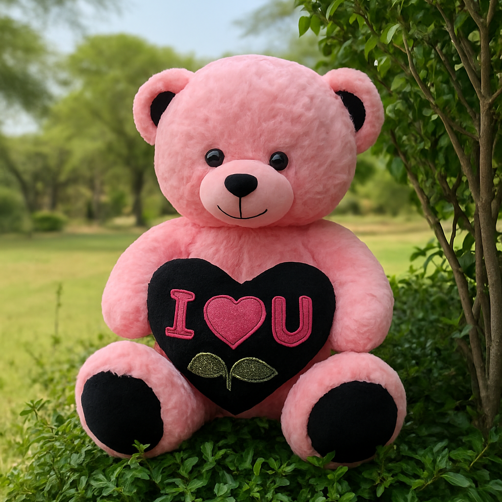 Pink teddy bear with a heart that says 'I 'heart' U' sitting on green grass.