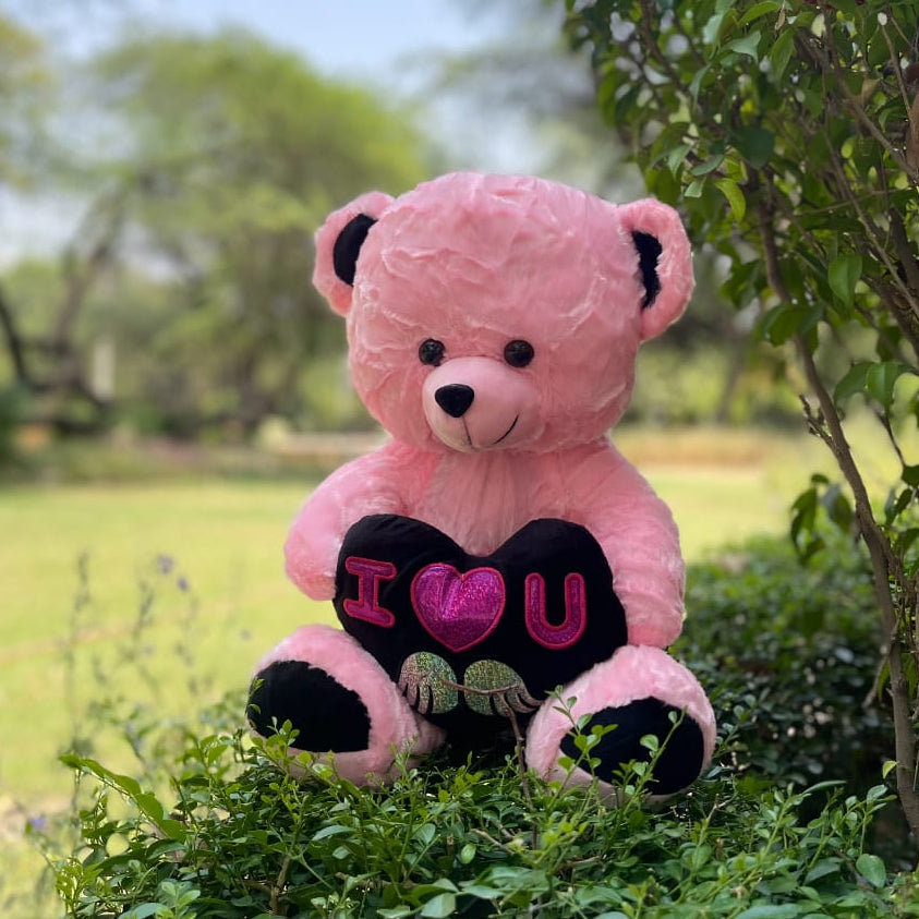 Pink teddy bear with a heart-shaped 'I § U' pillow in a garden setting