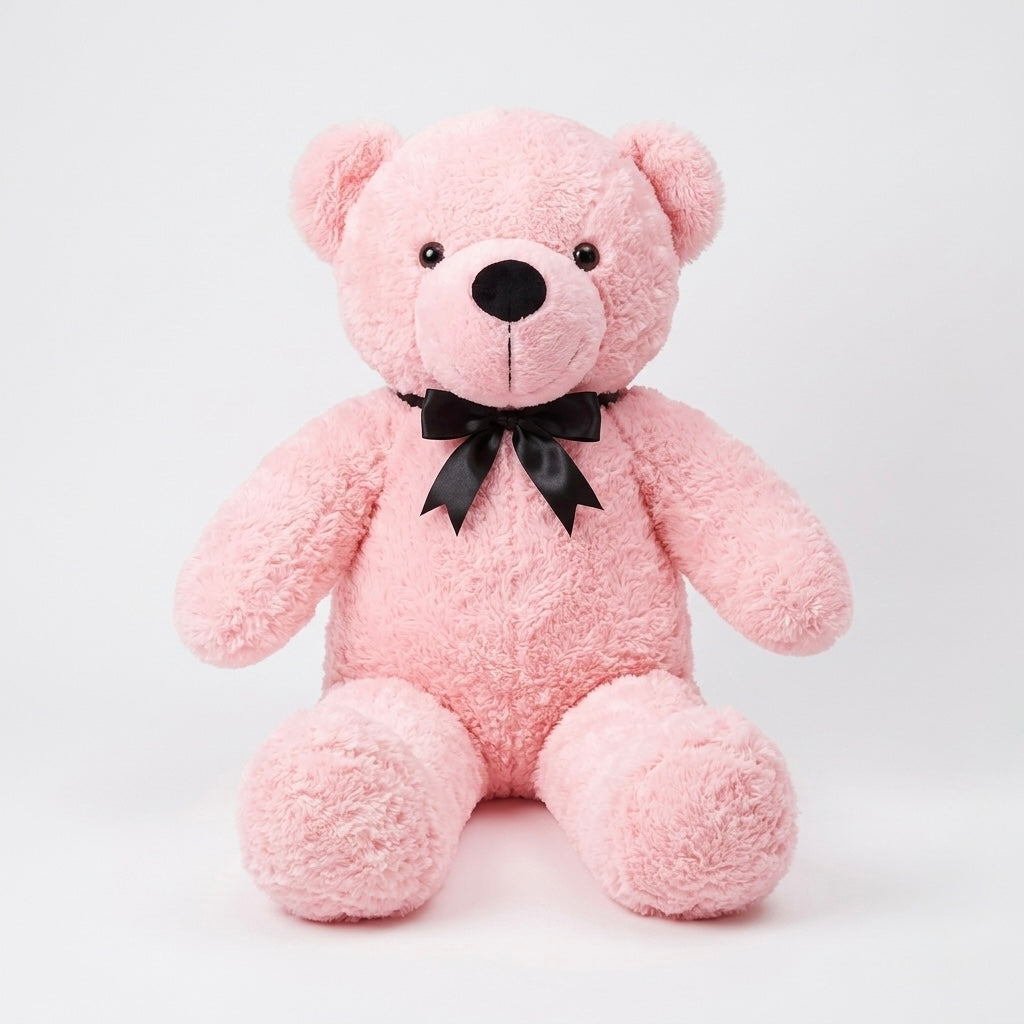 A pink plush teddy bear sitting upright against a clean white background, featuring a black satin bow around its neck.