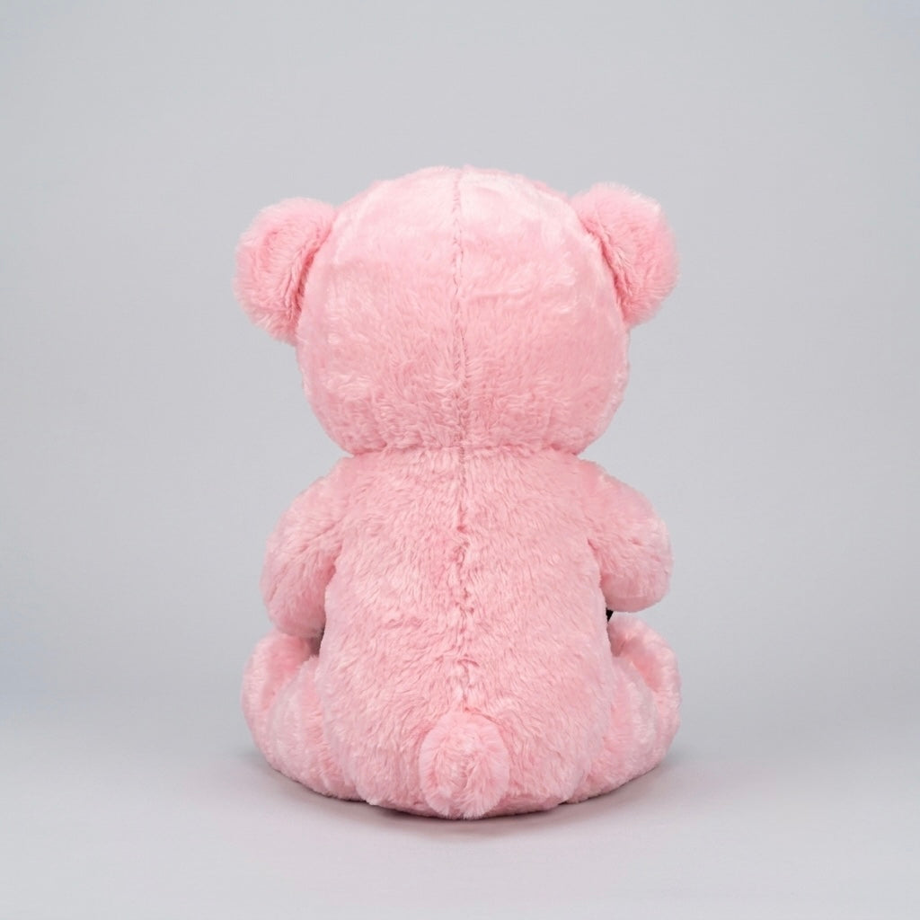 A pink plush teddy bear sitting with its back to the camera, photographed against a seamless light gray studio background.