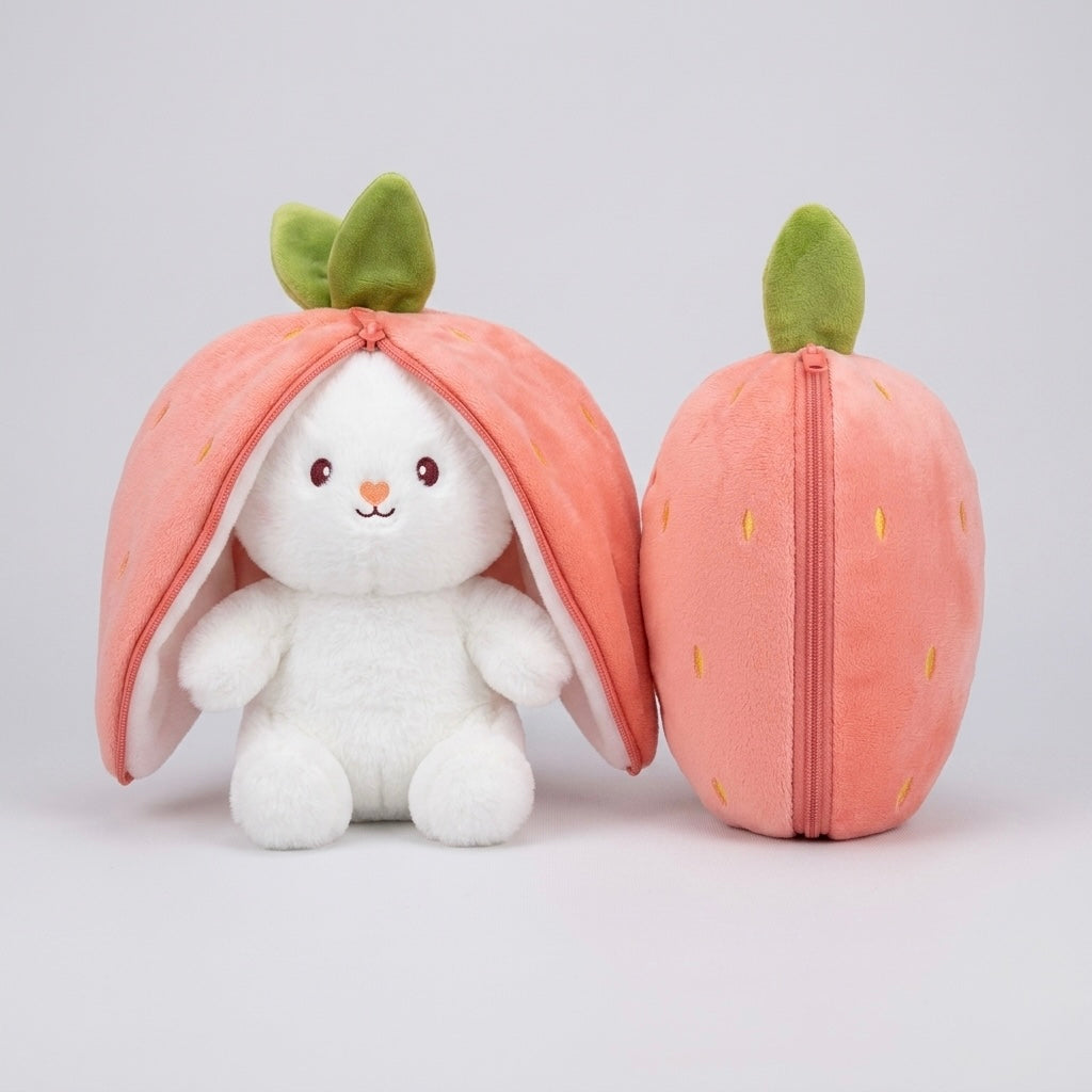 A plush strawberry-themed pouch or case shown from the front and side on a light gray studio background. The front view shows a white bunny face and ears peeking out from a peach-pink strawberry shell with green leaves.