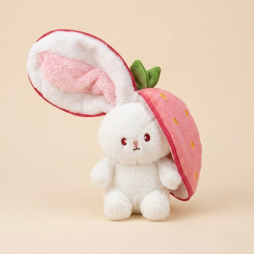 A white plush bunny wearing a pink strawberry hat with green leaves, set against a solid beige background.