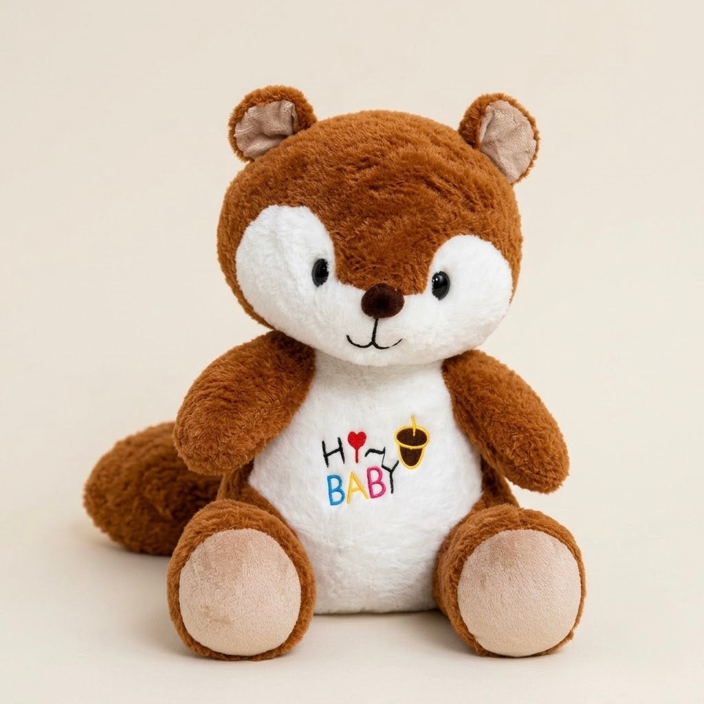 A brown and white plush squirrel toy sitting upright against a light beige background. The chest features embroidered text reading 'H O [heart] BABY' with small colorful accents.
