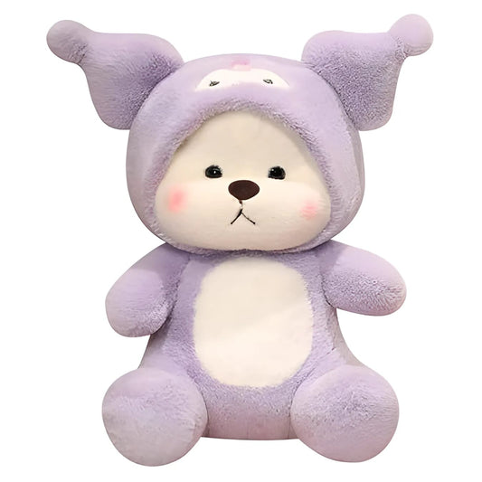 Plush toy in a purple outfit with a white face on a white background