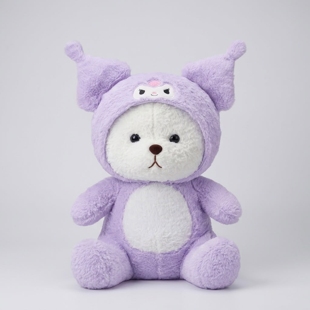 A plush toy shaped like a bear wearing a lavender-purple hooded costume, photographed against a plain light gray studio background.