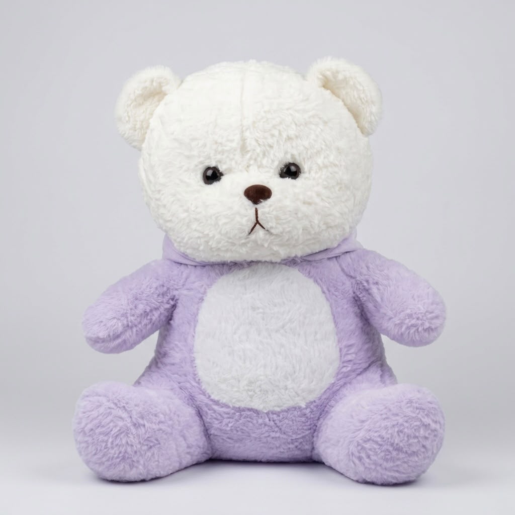A plush teddy bear with a white fluffy head and face, a light purple body, and a white circular patch on the chest, sitting against a light gray background.