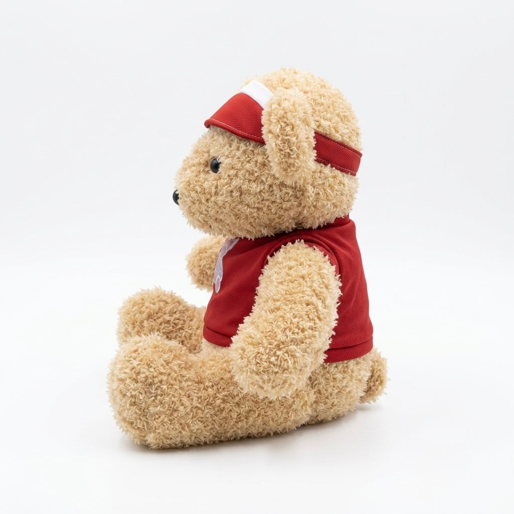 A plush teddy bear sitting upright, wearing a red sleeveless shirt and a matching red visor with a white stripe, photographed on a clean white studio background.